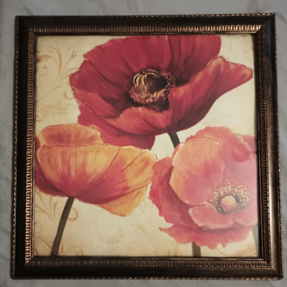 Lot of 2 12x12 Framed Poppy Prints Red Orange Yellow Beige Brushed Gold Brown - Picture 6 of 8